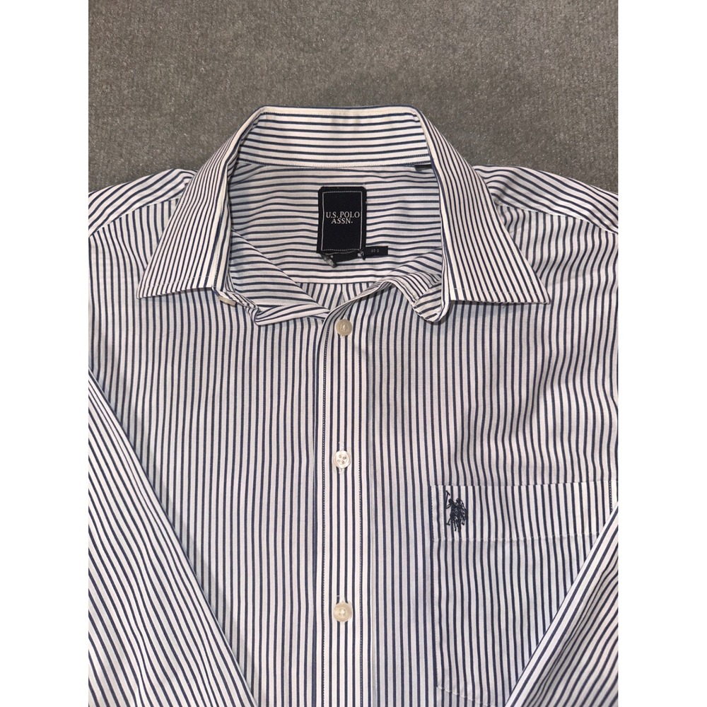 US Polo Assn Mens Small Button Down Shirt Navy Blue White Striped Long Sleeve